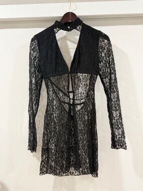 Black Lace Mini Dress with Sheer Floral Panels